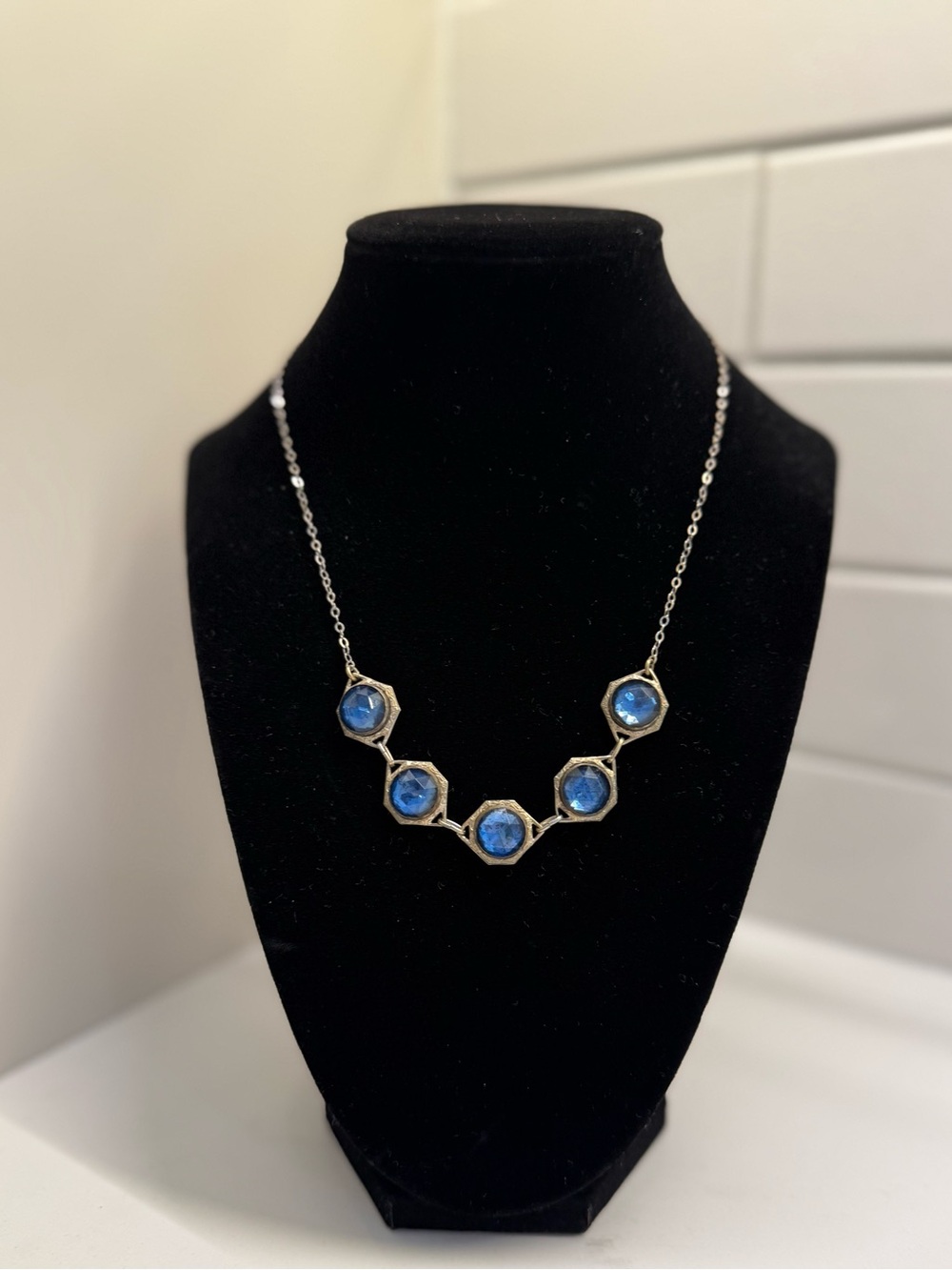 Vintage 1920s Art Deco Blue Crystal Necklace 17” Geometric